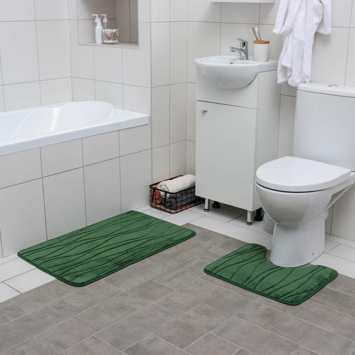Набор ковриков для ванны и туалета Доляна «Водоросли», 2 шт: 40×50, 50×80 см, цвет зелёный