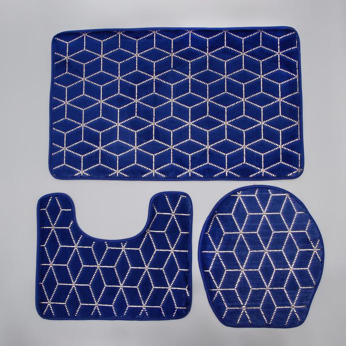 Набор ковриков для ванны и туалета Доляна «Геометрик», 3 шт: 35×40, 40×50, 50×80 см, цвет синий