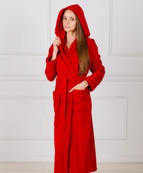 Женский махровый халат с капюшоном (Красный)