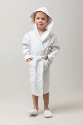 Детский вафельный халат с капюшоном (Белый)